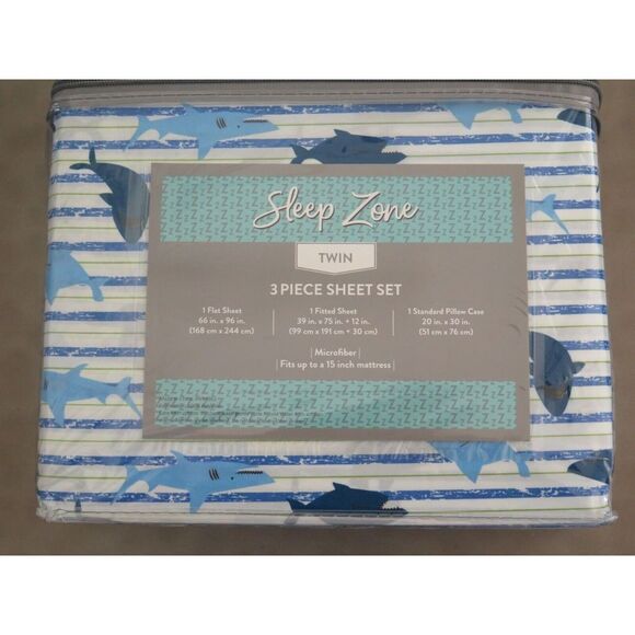 Sleep Zone Ocean Life SHARKS Blue White Striped 3 Pc Twin Sheet Set NEW $68 - Picture 4 of 4